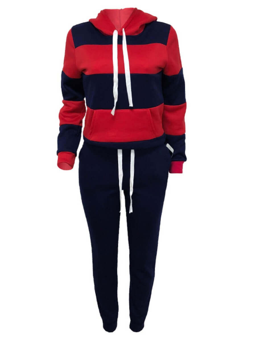 LW Plus Size Striped Drawstring Tracksuit Set Autumn Women Hoodie