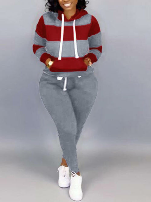 LW Plus Size Striped Drawstring Tracksuit Set Autumn Women Hoodie