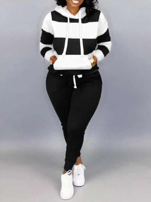 LW Plus Size Striped Drawstring Tracksuit Set Autumn Women Hoodie