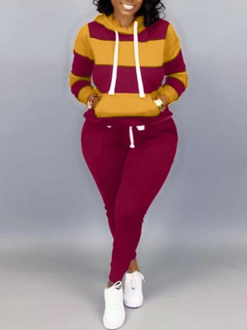 LW Plus Size Striped Drawstring Tracksuit Set Autumn Women Hoodie