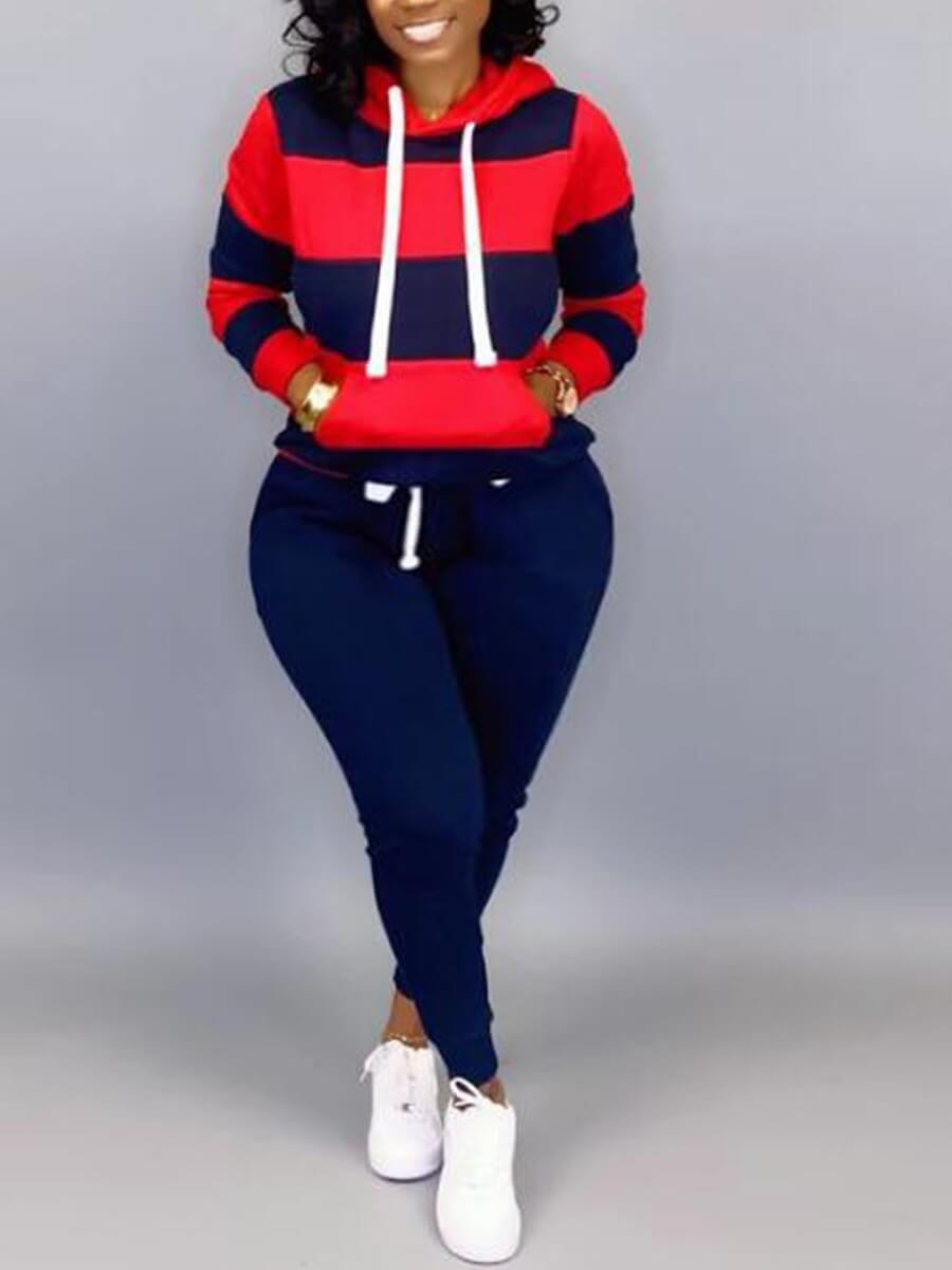 LW Plus Size Striped Drawstring Tracksuit Set Autumn Women Hoodie