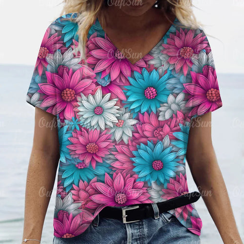 Women's Short Sleeved Graphic T-Shirt, 3D Flower Print, Oversized