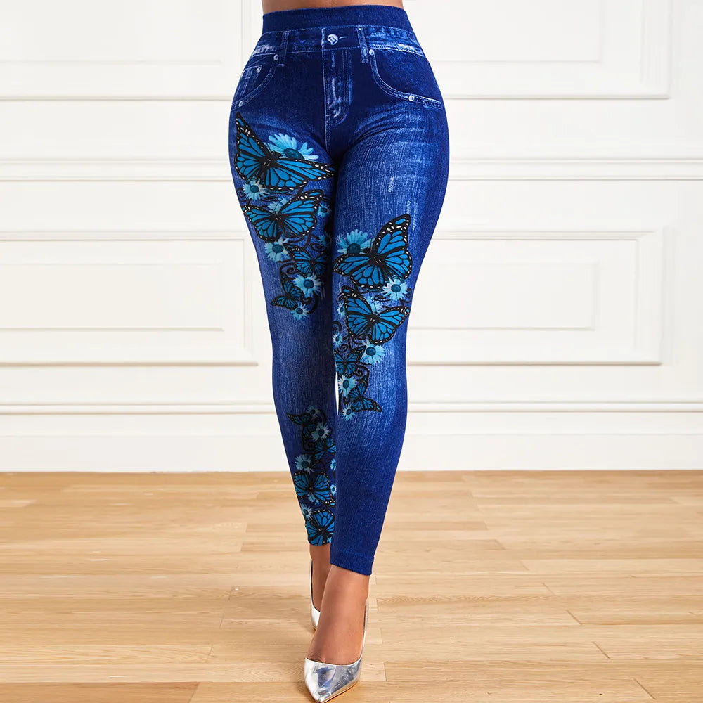Plus Size Oversized Women High Waist Stretchy Legging Denim Look