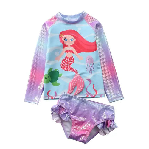 Kids Girls Swimsuit Two Piece With Swimming Cap Long Sleeve Bathing