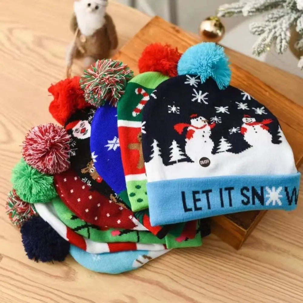 LED Christmas Knitted Hat Light Up Xmas Beanie Cap Unisex Winter