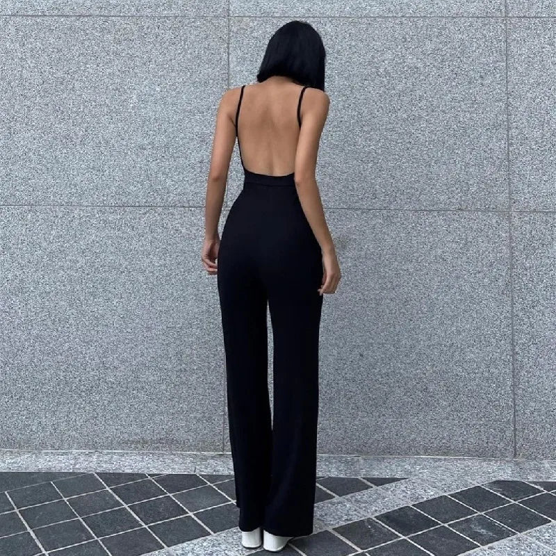 Xeemilo Sexy Backless Spaghetti Strap Jumpsuit Woman Summer Black