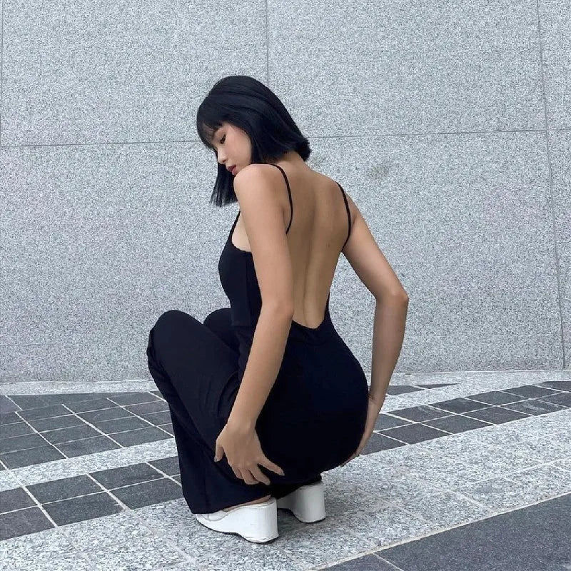 Xeemilo Sexy Backless Spaghetti Strap Jumpsuit Woman Summer Black