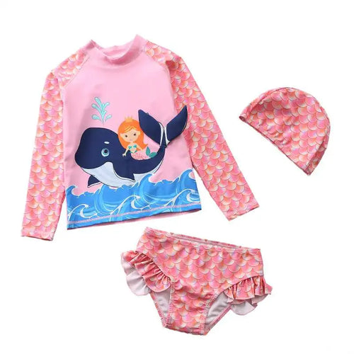 Kids Girls Swimsuit Two Piece With Swimming Cap Long Sleeve Bathing