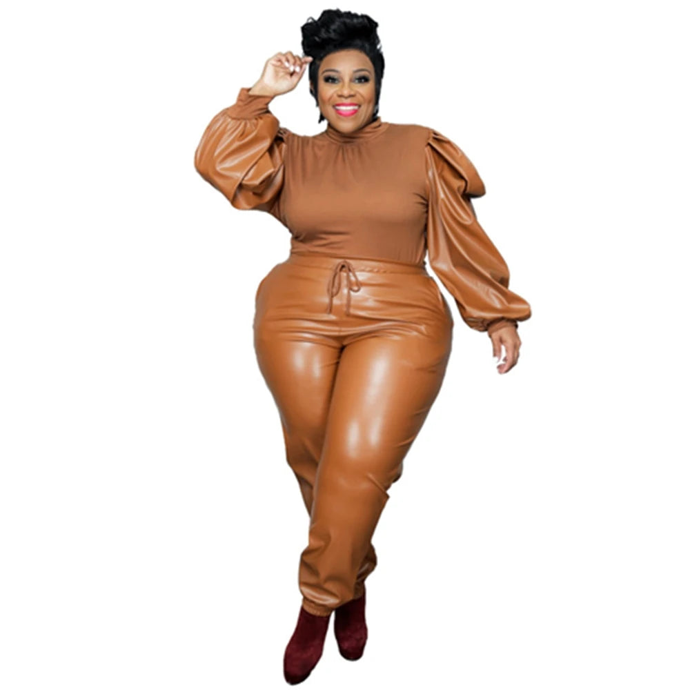 Plus Size Leather Two Piece Set XL-5XL PU Fashion Women's Clothing