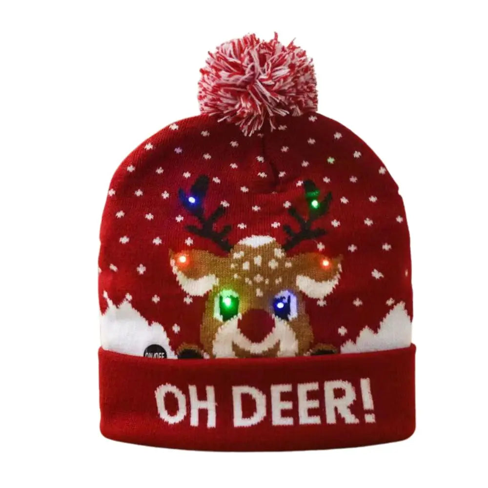 LED Christmas Knitted Hat Light Up Xmas Beanie Cap Unisex Winter