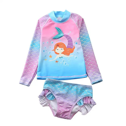Kids Girls Swimsuit Two Piece With Swimming Cap Long Sleeve Bathing
