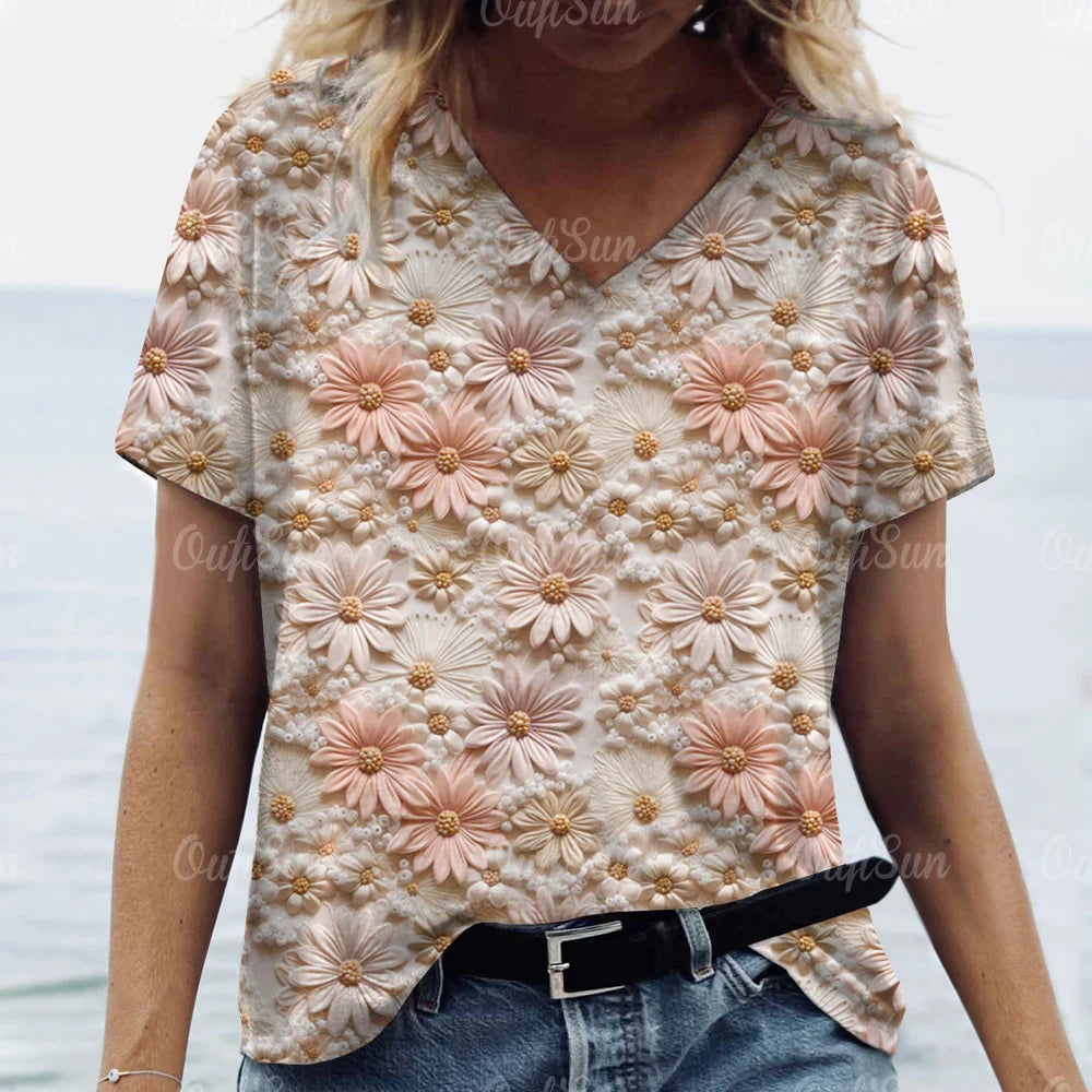 Women's Short Sleeved Graphic T-Shirt, 3D Flower Print, Oversized