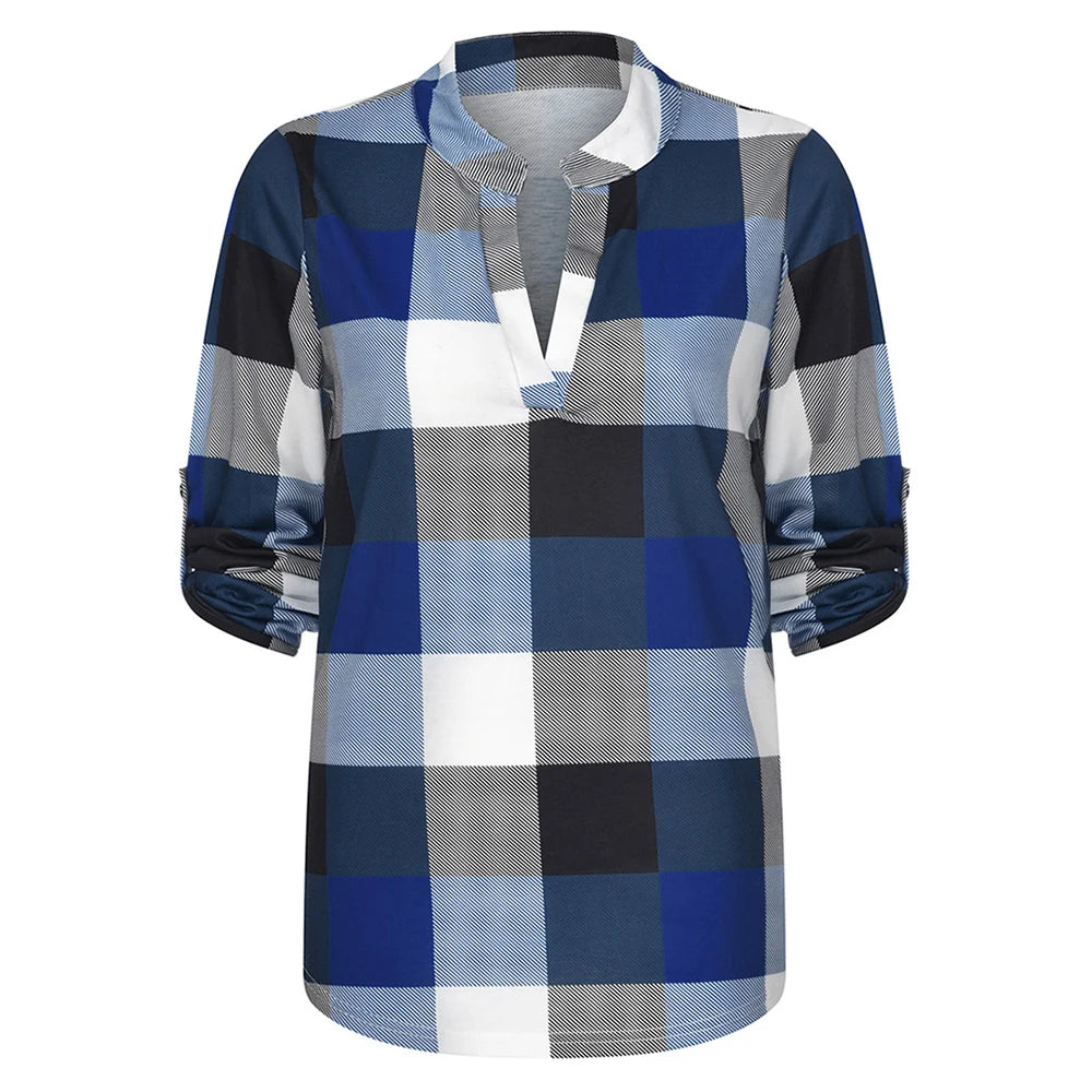 Plus Size Women Autumn Plaid Check V Neck Blouse Shirt Oversize Ladies