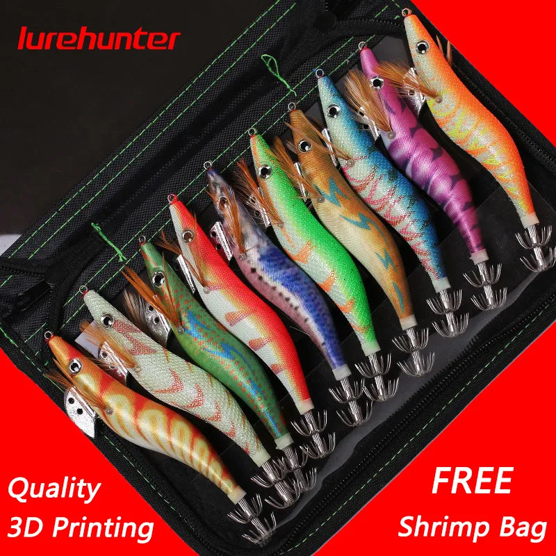 10PCS with Shrimp Bag 3D Printing 2.5 3.0 3.5 Hook Luminous Squid Jig