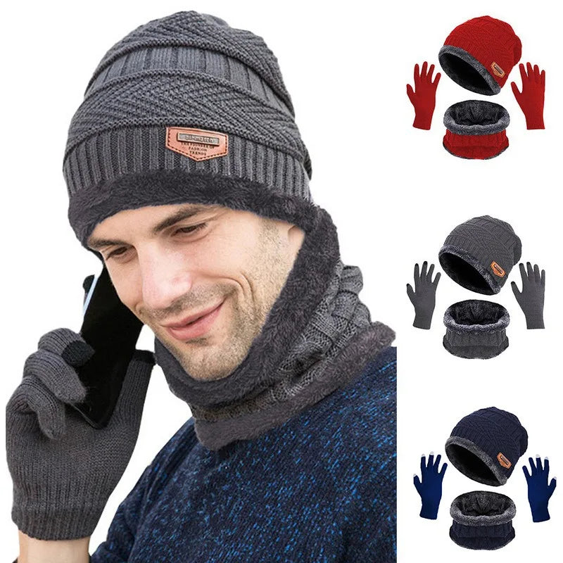 3 IN 1 Winter Knit Beanie Hat with Scarves And Touch Screen Gloves for