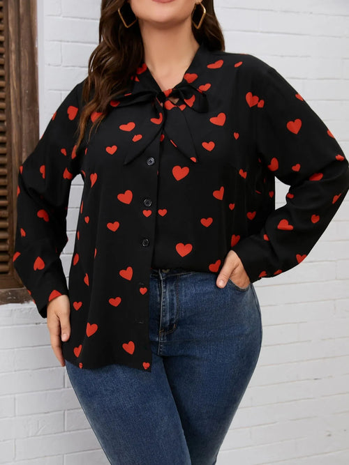Finjani Plus Size Women Blouse Heart Print Bow Long Sleeve Top Top