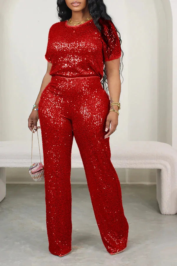 Plus Size Spring Fashion Sequin Two-piece Set Women Round Neck Short
