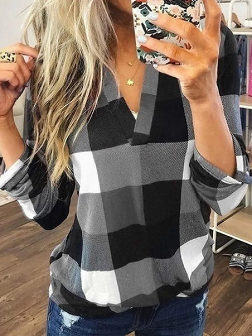 Plus Size Women Autumn Plaid Check V Neck Blouse Shirt Oversize Ladies