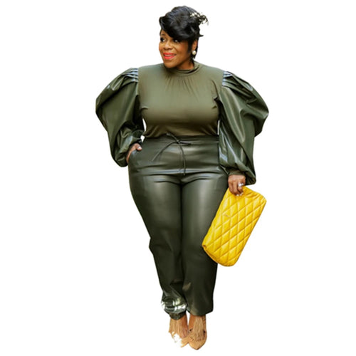 Plus Size Leather Two Piece Set XL-5XL PU Fashion Women's Clothing