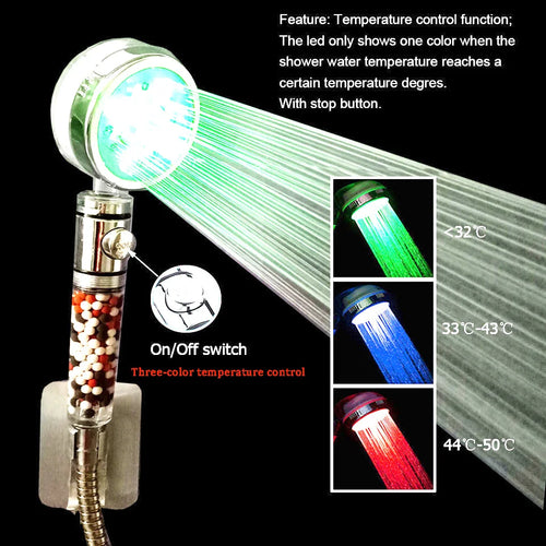 LED Anion Shower Head Rainfall SPA Temperature Control Shower Head