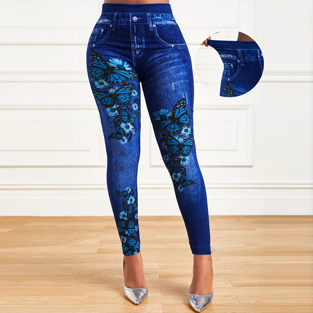 Plus Size Oversized Women High Waist Stretchy Legging Denim Look