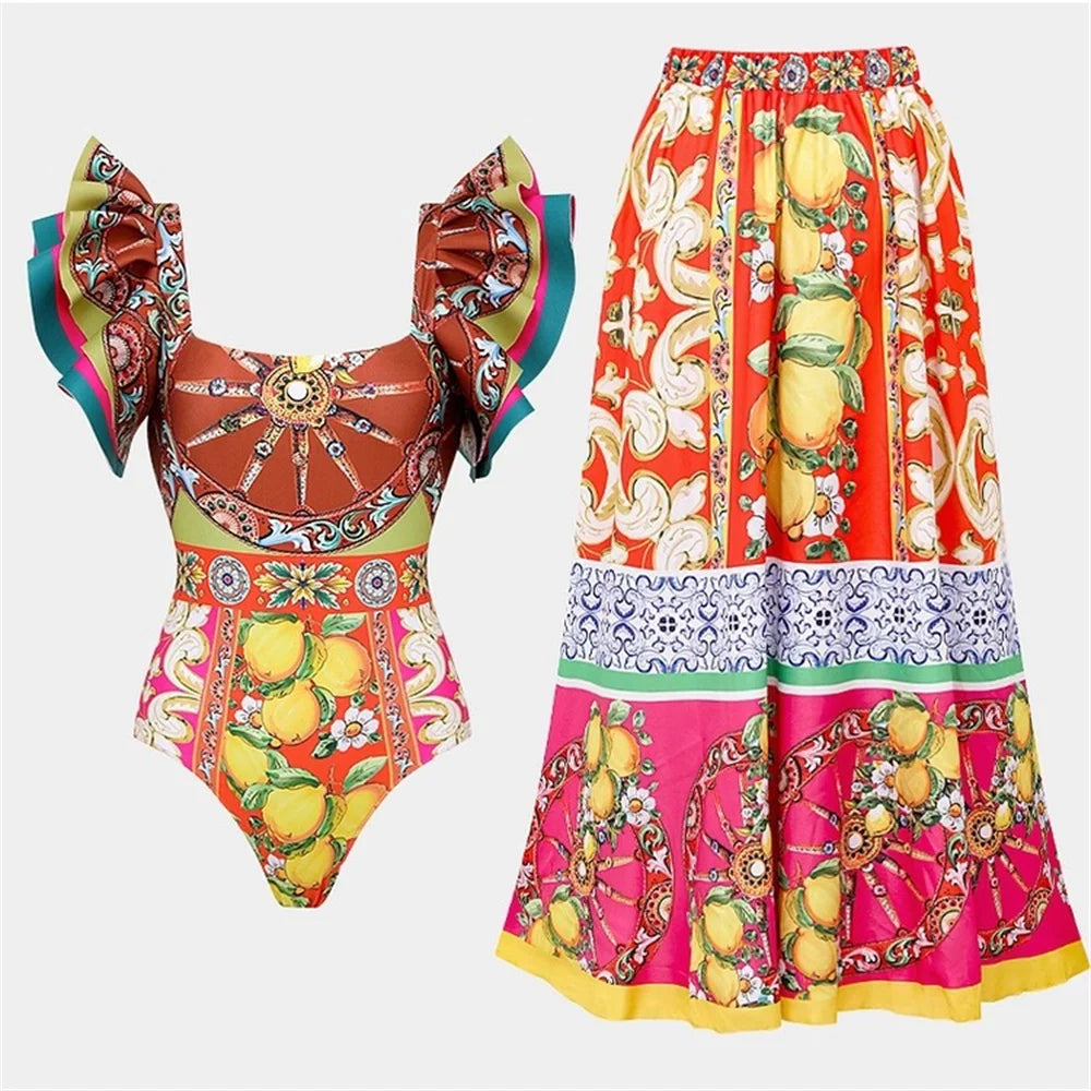 Baroco Style Printed One Piece Swimsuit for Women 2024 New Ruffle
