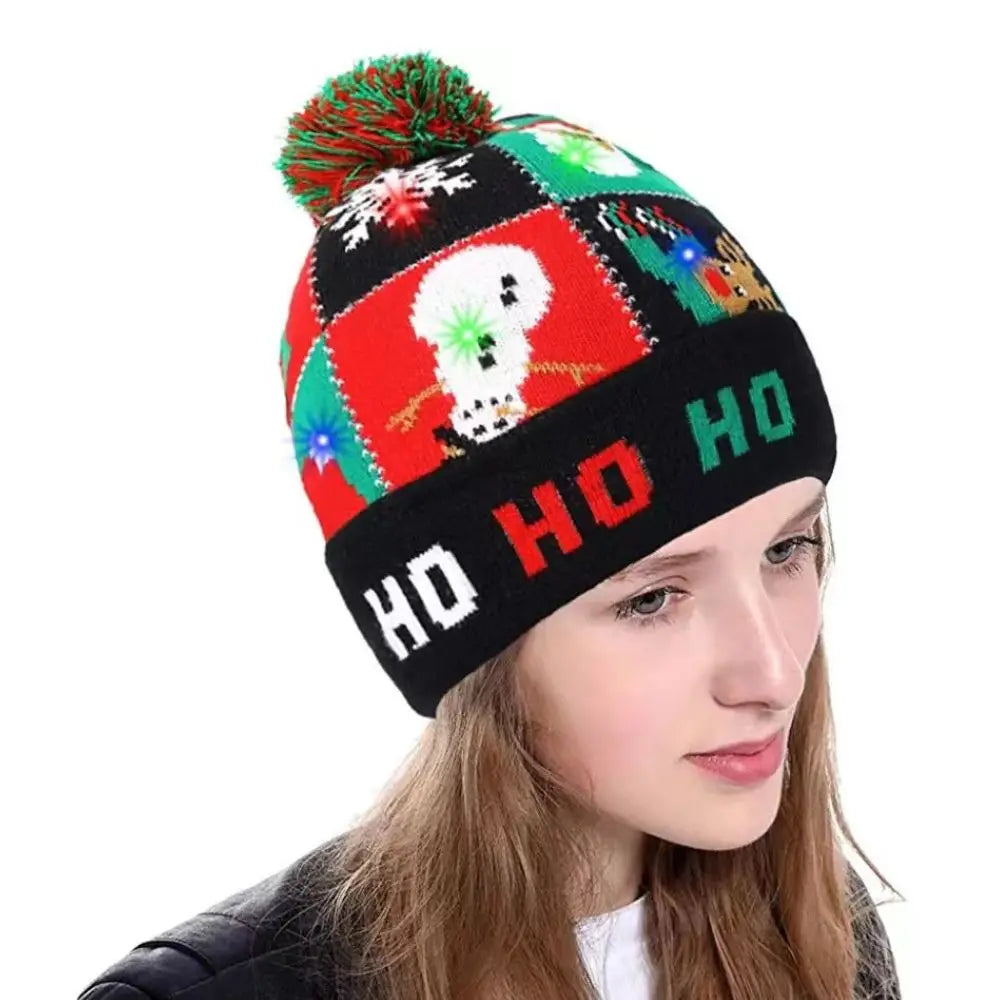 LED Christmas Knitted Hat Light Up Xmas Beanie Cap Unisex Winter