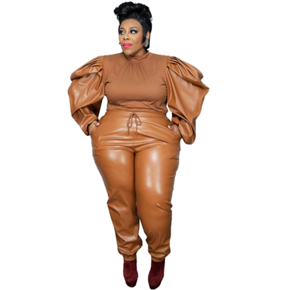 Plus Size Leather Two Piece Set XL-5XL PU Fashion Women's Clothing