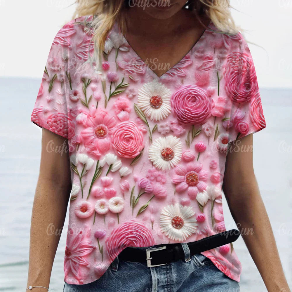 Women's Short Sleeved Graphic T-Shirt, 3D Flower Print, Oversized