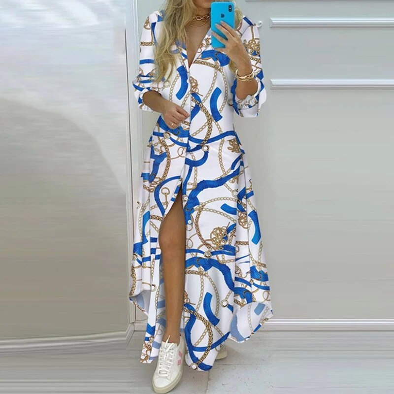 New Autumn Plus Size Women Dress Loose Print Long Sleeve Elegant Long