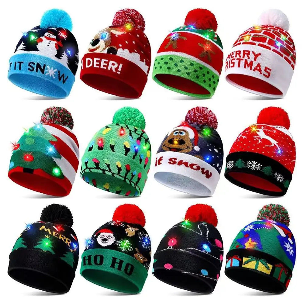 LED Christmas Knitted Hat Light Up Xmas Beanie Cap Unisex Winter