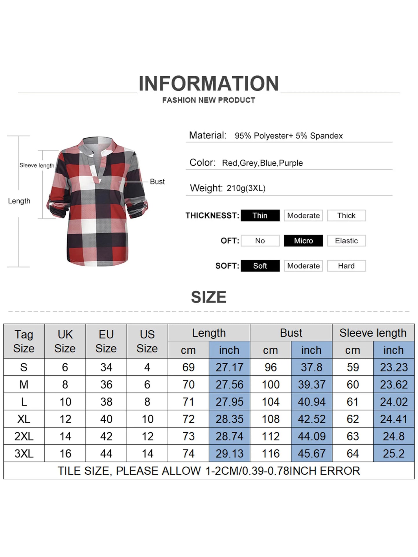 Plus Size Women Autumn Plaid Check V Neck Blouse Shirt Oversize Ladies