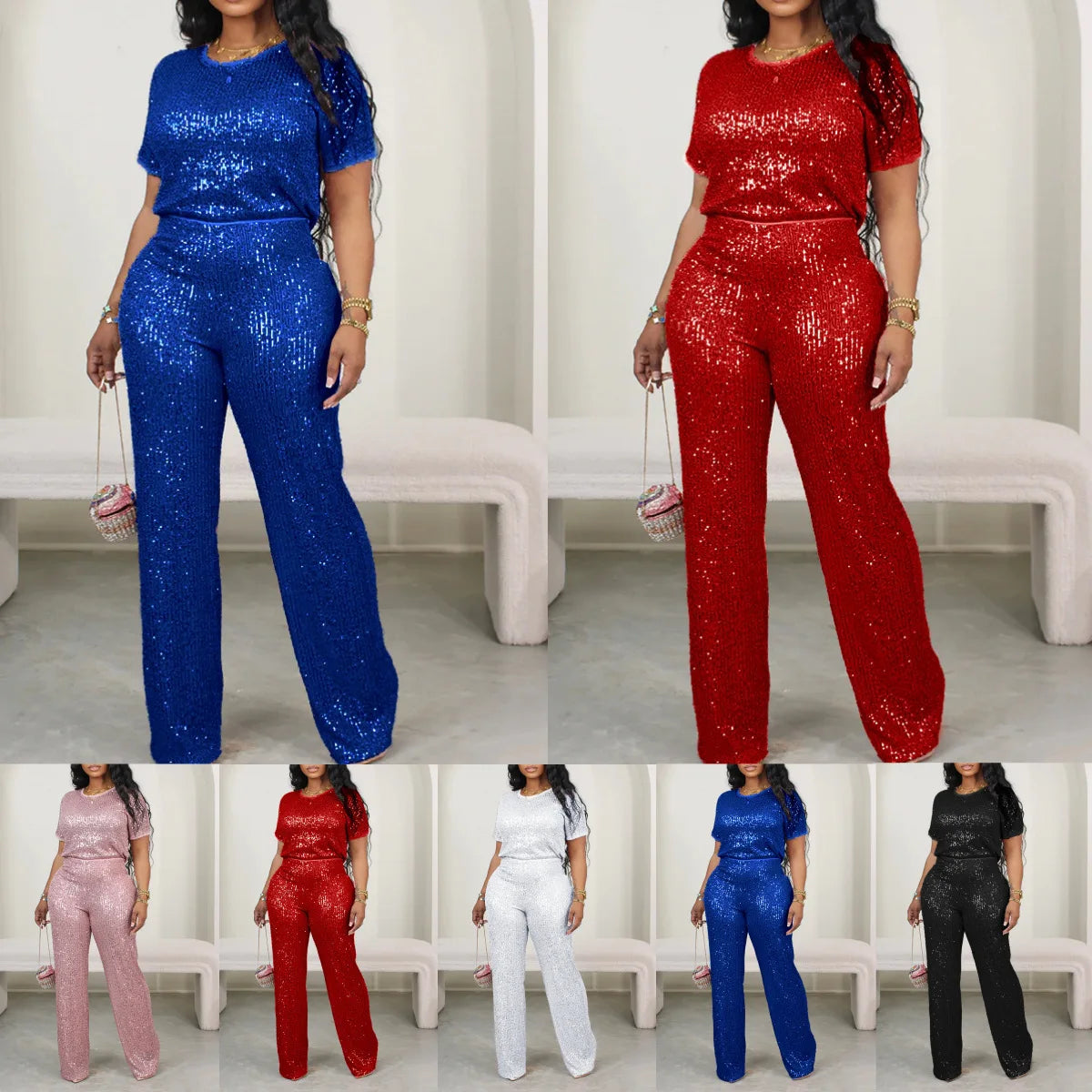 Plus Size Spring Fashion Sequin Two-piece Set Women Round Neck Short
