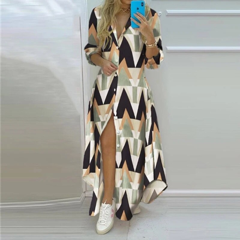 New Autumn Plus Size Women Dress Loose Print Long Sleeve Elegant Long