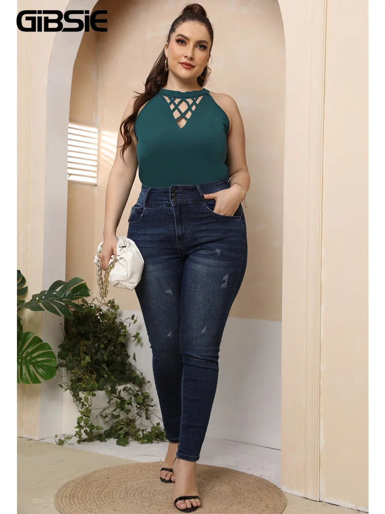 GIBSIE Plus Size Solid Cut Out O-Neck Halter Tops Women xxxl 4xl Black