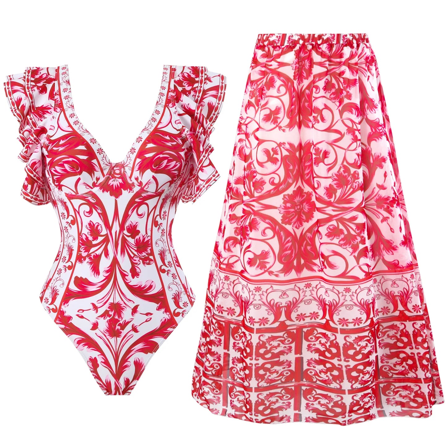 Baroco Style Printed One Piece Swimsuit for Women 2024 New Ruffle