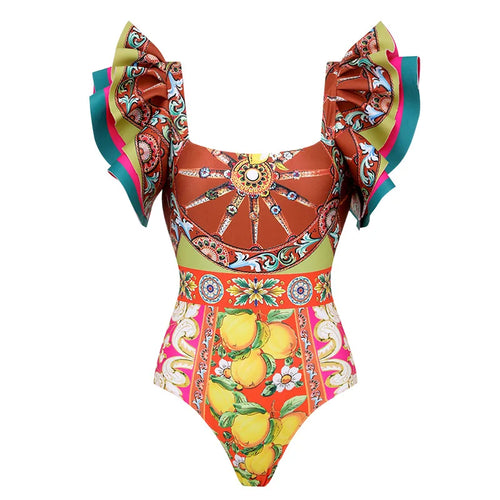Baroco Style Printed One Piece Swimsuit for Women 2024 New Ruffle