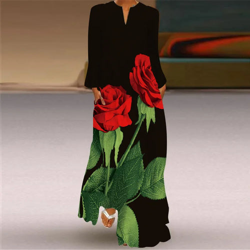 2023 New Plus Size Women Dress Autumn Winter Floral Printed Maxi