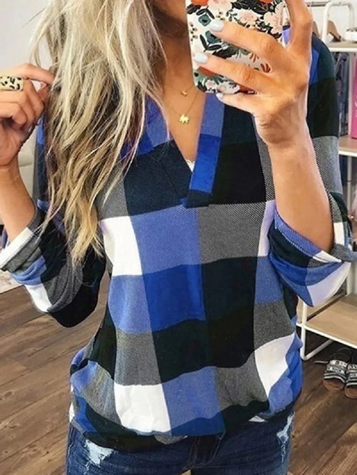 Plus Size Women Autumn Plaid Check V Neck Blouse Shirt Oversize Ladies