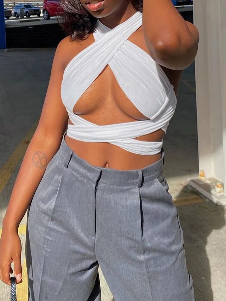 Women Strappy Cross Over Front Cut Out Halter Neck Sleeveless Backless