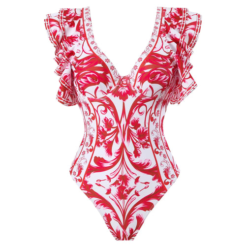 Baroco Style Printed One Piece Swimsuit for Women 2024 New Ruffle