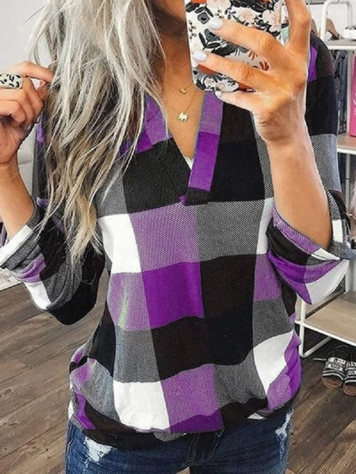 Plus Size Women Autumn Plaid Check V Neck Blouse Shirt Oversize Ladies
