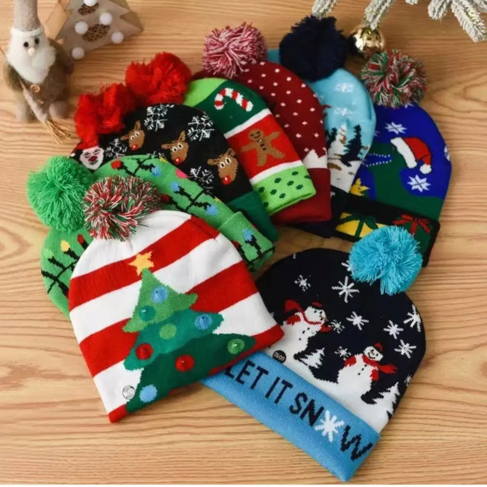 LED Christmas Knitted Hat Light Up Xmas Beanie Cap Unisex Winter