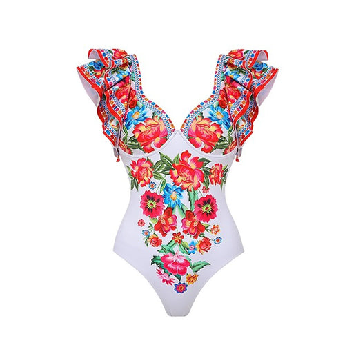 Baroco Style Printed One Piece Swimsuit for Women 2024 New Ruffle