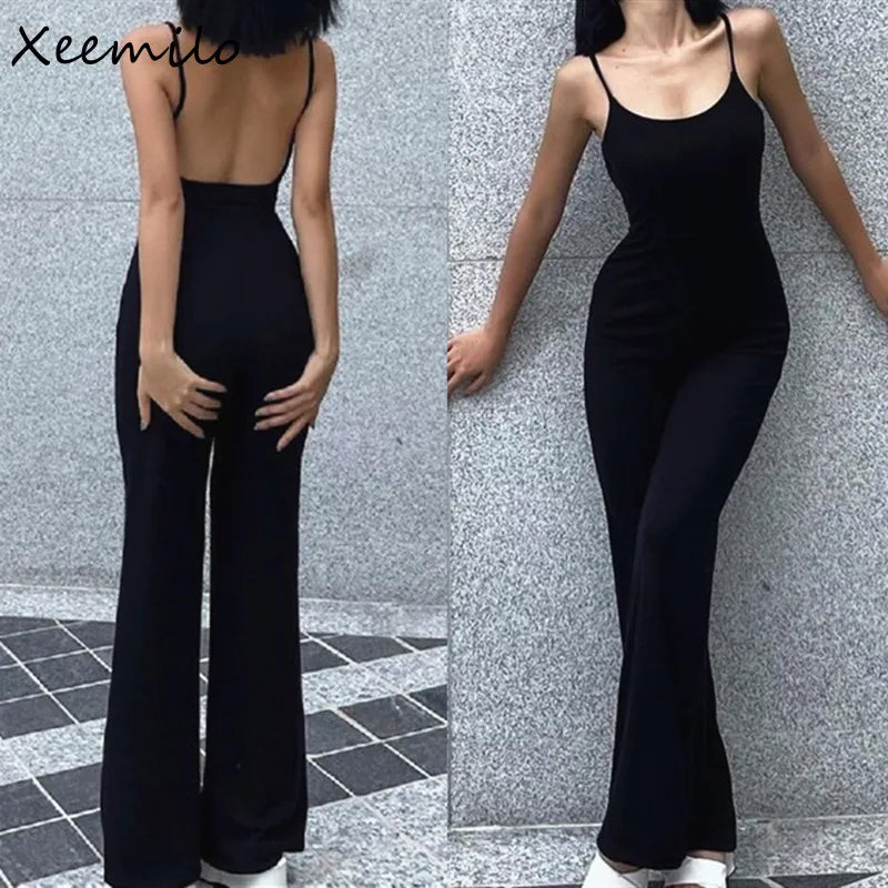Xeemilo Sexy Backless Spaghetti Strap Jumpsuit Woman Summer Black