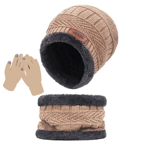3 IN 1 Winter Knit Beanie Hat with Scarves And Touch Screen Gloves for