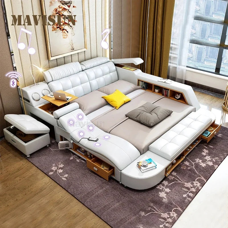 Multifunctional Master Bedroom Leather Queen Double Size Bed Modern