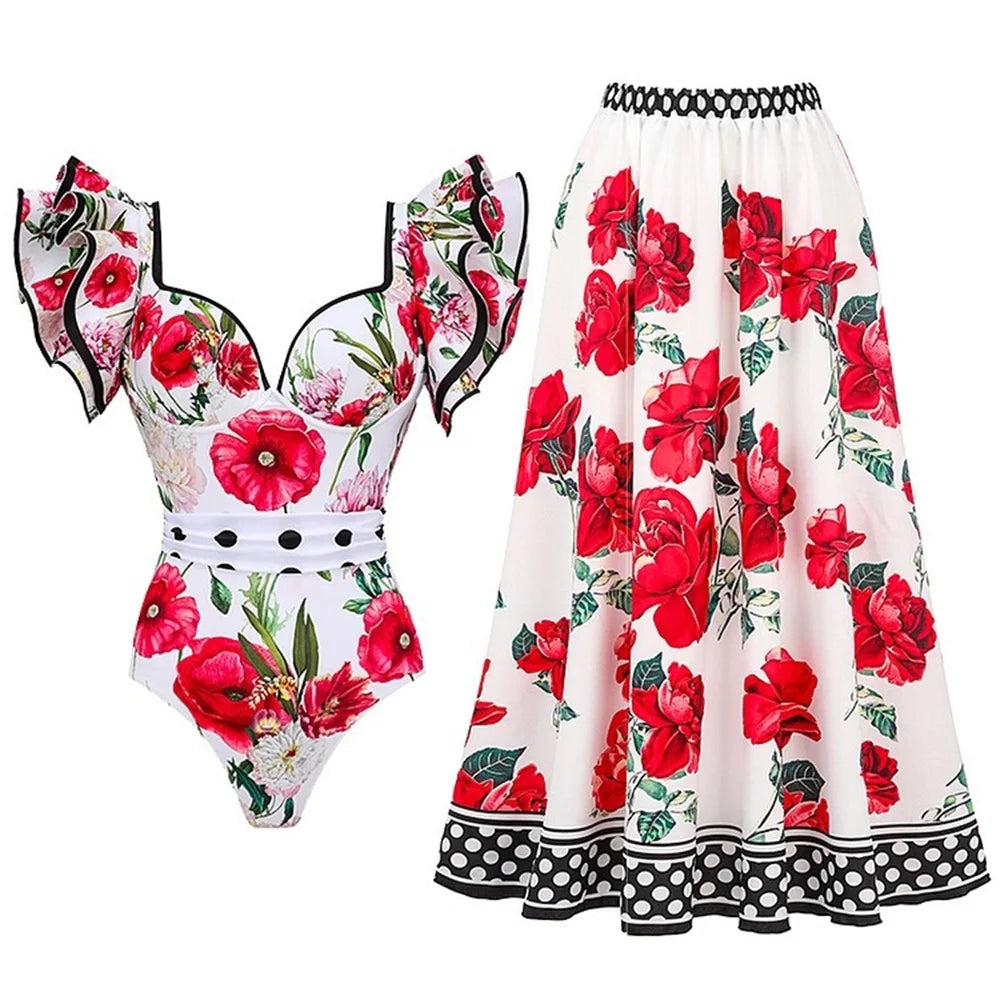 Baroco Style Printed One Piece Swimsuit for Women 2024 New Ruffle