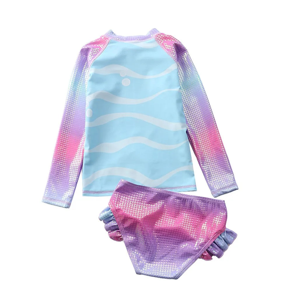 Kids Girls Swimsuit Two Piece With Swimming Cap Long Sleeve Bathing