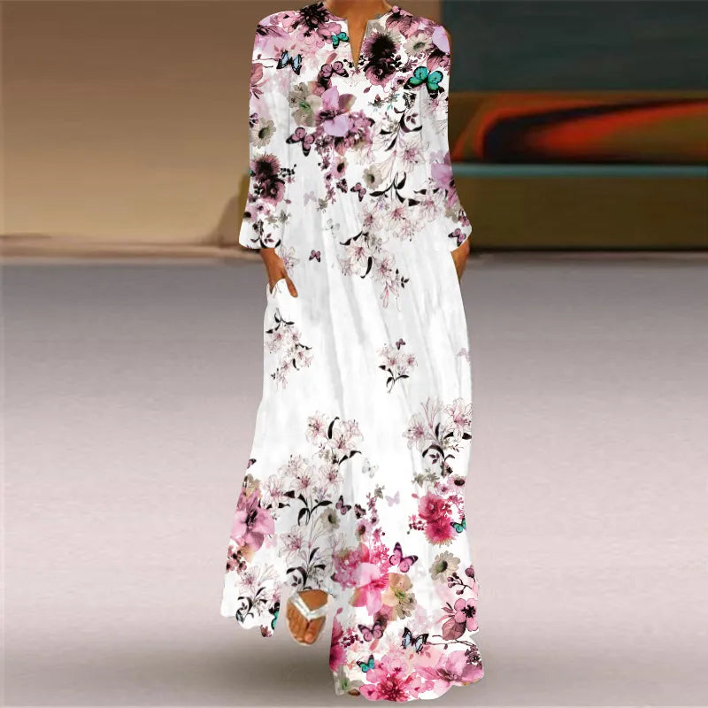 2023 New Plus Size Women Dress Autumn Winter Floral Printed Maxi